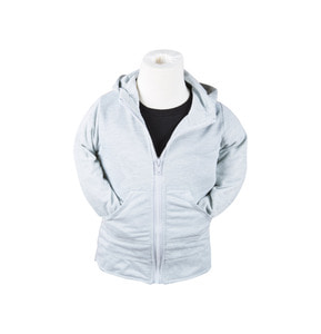 A zipped-up grey kid&#039;s jacket